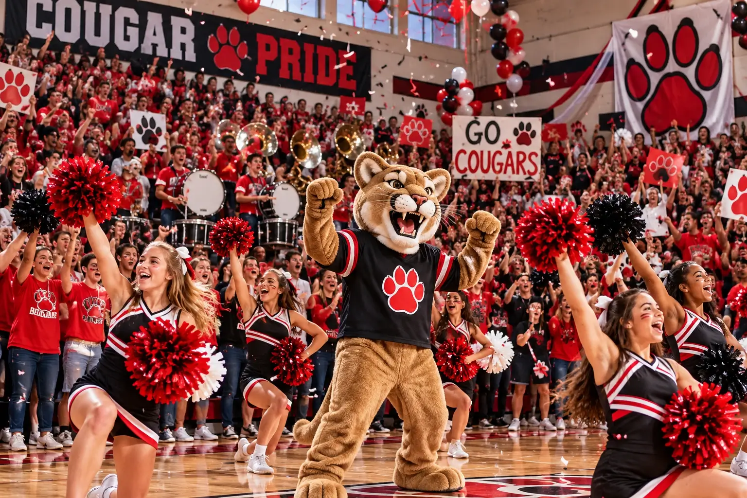 School pep rally with a cougar mascot, cheerleaders, marching band, and students displaying red and black school colors and paw print signs.